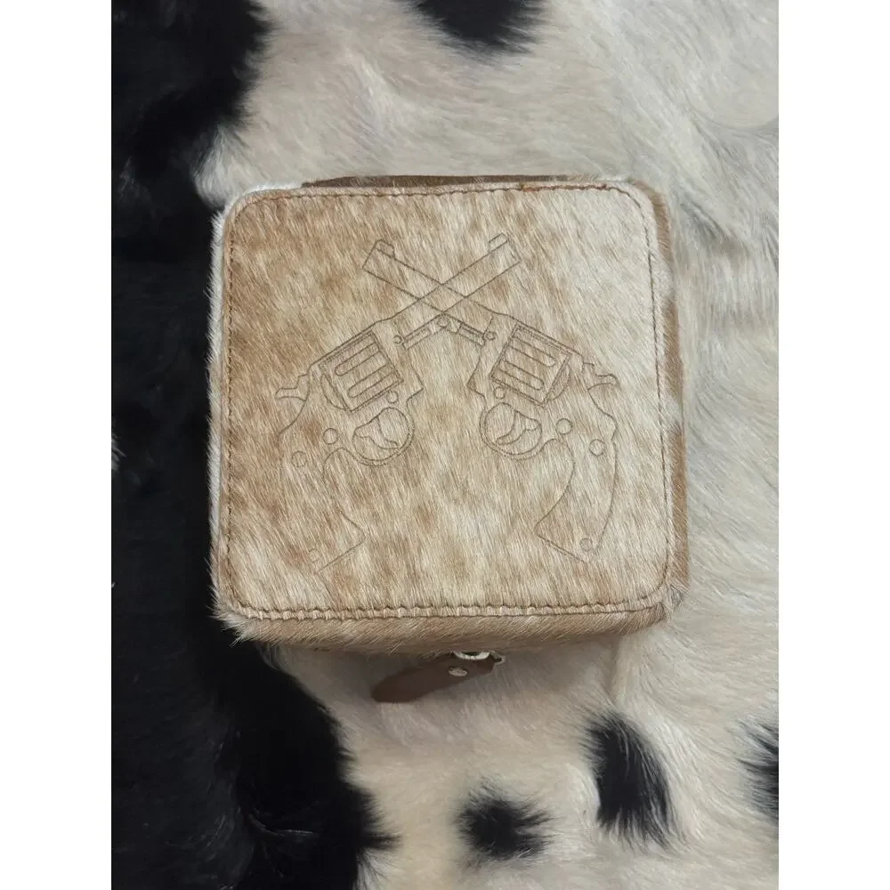 Southwest Tooled Leather Brown Cow Hide Jewelry Box Ring Travel Case Crossed Gun